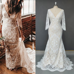 Half Sleeves V Neck Lace Bohemian Wedding Dresses Beach Open Back MyChicDress