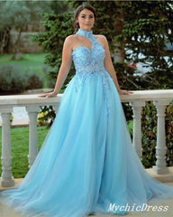 Unique Lace Halter Prom Dresses Blue Tulle Applique Formal Dresses