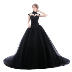 High Neck Lace Tulle Black Wedding Dresses Ball Gowns MyChicDress