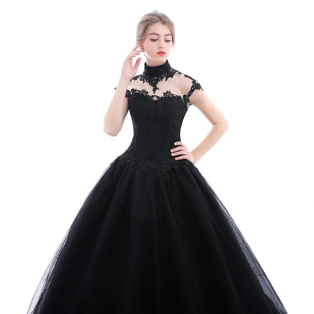 High Neck Lace Tulle Black Wedding Dresses Ball Gowns MyChicDress