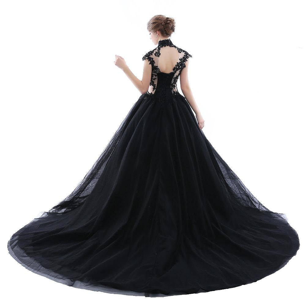 High Neck Lace Tulle Black Wedding Dresses Ball Gowns MyChicDress