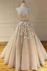 Hot 2024 A Line Lace Prom Dresses Long Beaded Appliques Belt Cross Back MyChicDress