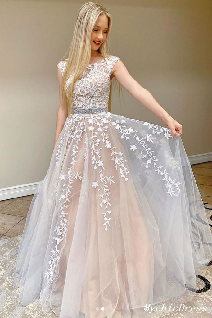 Hot 2024 A Line Lace Prom Dresses Long Beaded Appliques Belt Cross Back MyChicDress