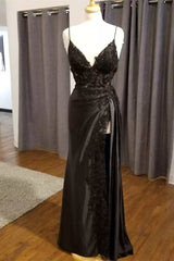 Hot 2024 Black Long Prom Dress Lace V Neck Formal Dresses A Line High split MyChicDress