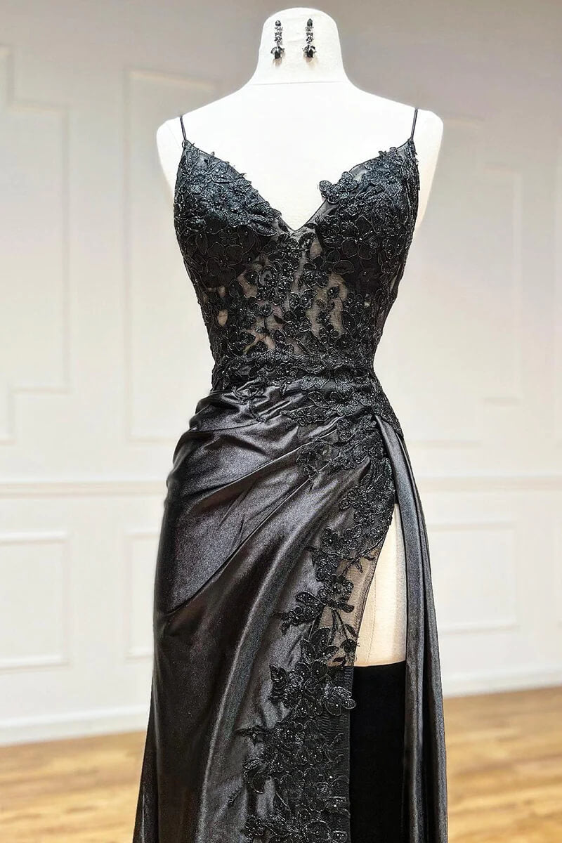 Hot 2024 Black Long Prom Dress Lace V Neck Formal Dresses A Line High split MyChicDress