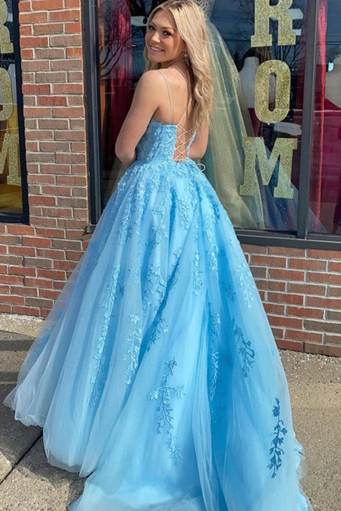 Hot 2024 Blue Prom Dresses Cheap Lace Long Evening Gowns MyChicDress