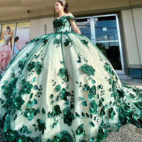 Hot 2025 Green Quicneanera Dress 3D Flowers Off The Shoulder Sweet 16 Party Dresses MyChicDress