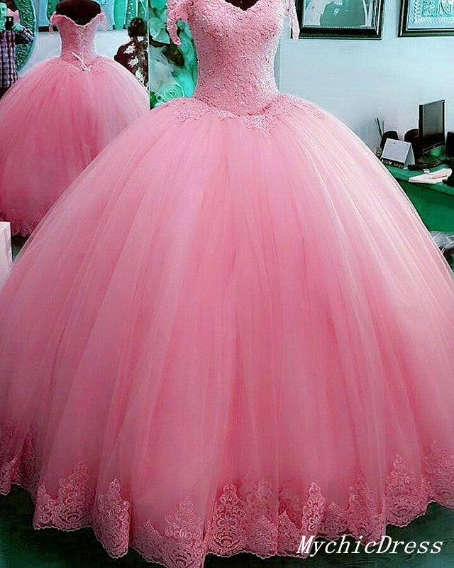 Hot Ball Gown Lace Quinceanera Dresses Tulle Appliques Off Shoulder Party Dress MyChicDress