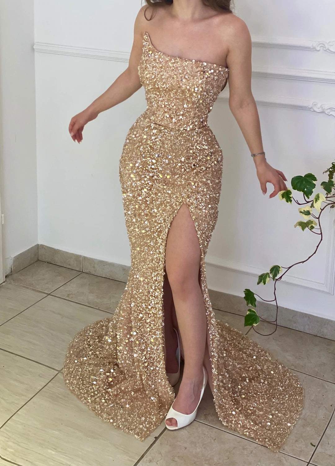 Hot Gold Sequin Prom Dresses Strapless Mermaid Formal Dresses MyChicDress