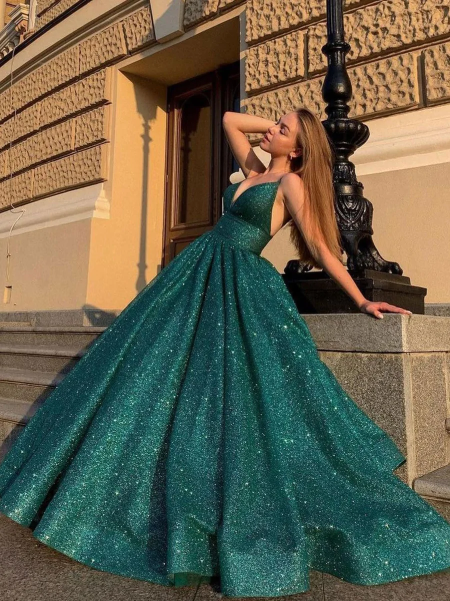 Hot Green Sequin Prom Dresses A Line Long Evening Gormal Gowns MyChicDress