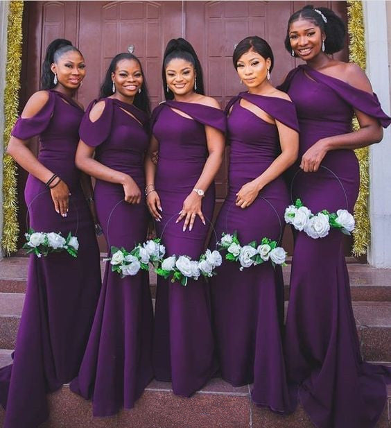 Hot Long Off the Shoulder Dark Purple Satin Bridesmaid Dresses Mermaid MyChicDress