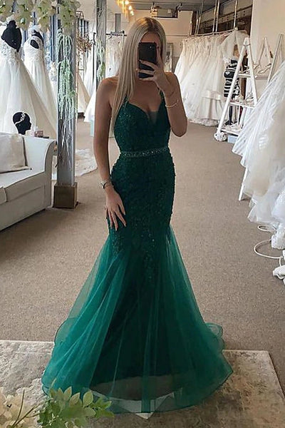 Hot Mermaid Dark Green Lace Prom Dresses UK Long Evening Gown MyChicDress