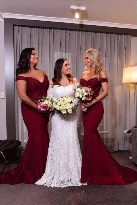 Hot Mermaid Burgundy Lace Bridesmaid Dresses Long Off Shoulder MyChicDress