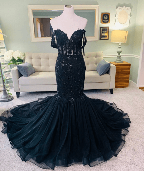 Hot Mermaid Lace Gothic Wedding Dresses Black Applique Off Shoulder MyChicDress