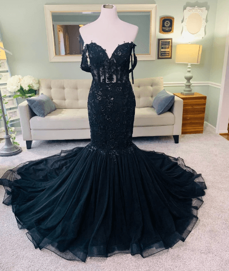 Hot Mermaid Lace Gothic Wedding Dresses Black Applique Off Shoulder MyChicDress