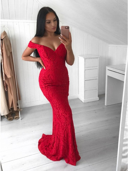 Hot Mermaid Red Lace Off the Shoulder Prom Dresses - MyChicDress