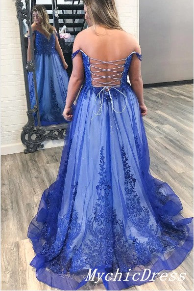 MyChicDress Hot Off The Shoulder Lace Blue Prom Dresses 2025 Plus Size Evening Dress US0 Same As Picture