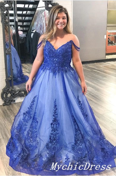 Hot Off the Shoulder Lace Blue Prom Dresses 2025 Plus Size Evening Dress MyChicDress