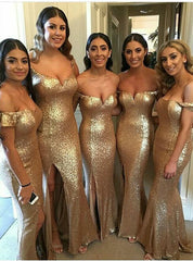 Hot Off the Shoulder Mermaid Gold Sequin Bridesmaid Dresses with Split MyChicDress