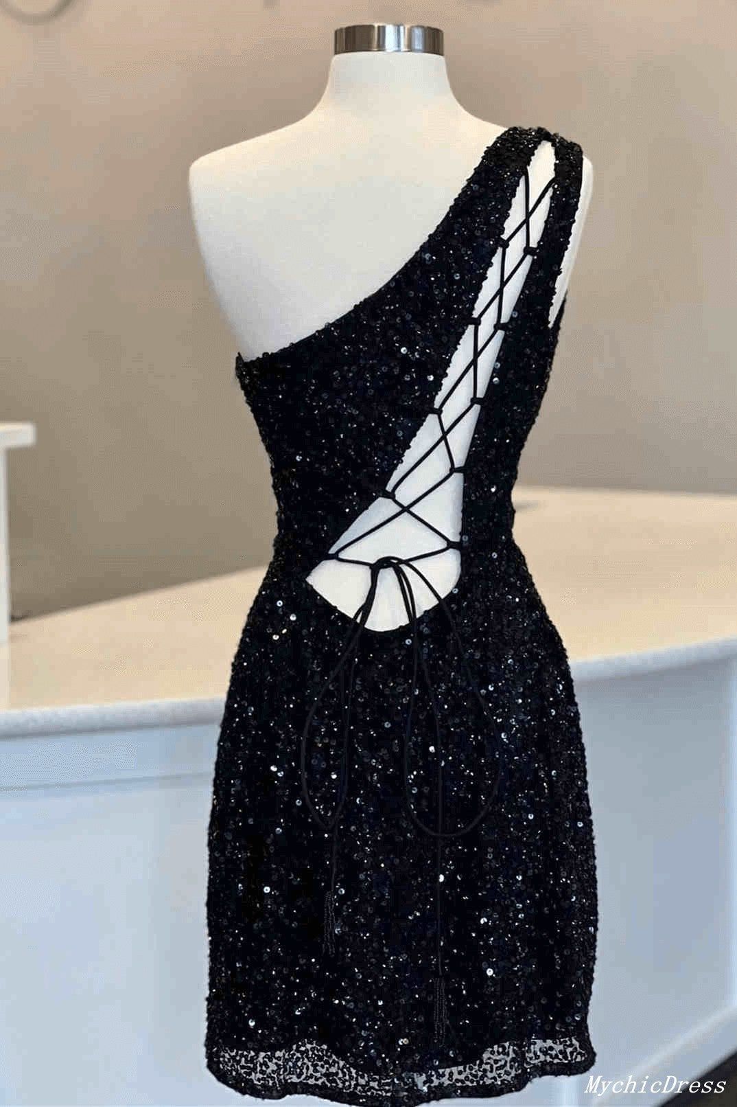 Hot One Shoulder Sparkly Homecoming Dress 2025 Sequin Tight Cocktail Dress MyChicDress