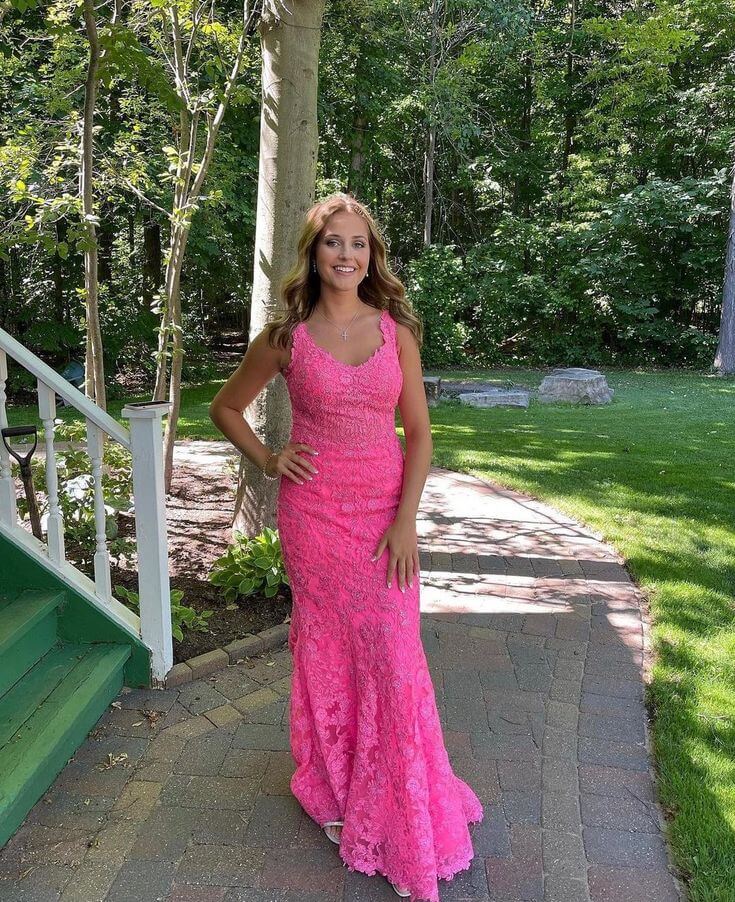 Hot Pink Long Lace 2024 Prom Dress Mermaid Formal Evening Dress Sleeveless MyChicDress