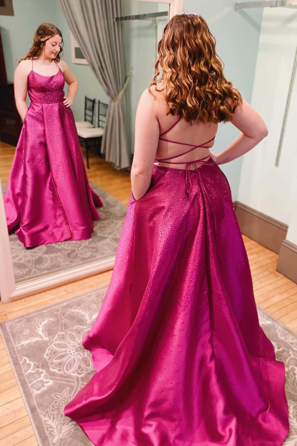 Hot Pink Plus Size 2024 Prom Dresses Satin Long Halter Evening Gown with Beading MyChicDress