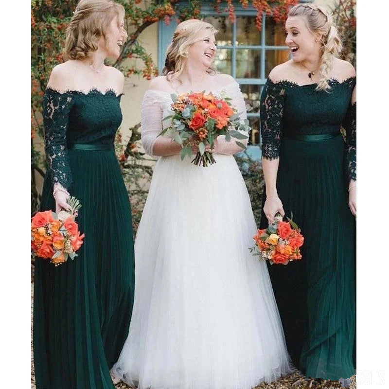 Hot Sale Off Shoulder Dark Green Lace Bridesmaid Dresses Half Sleeves MyChicDress