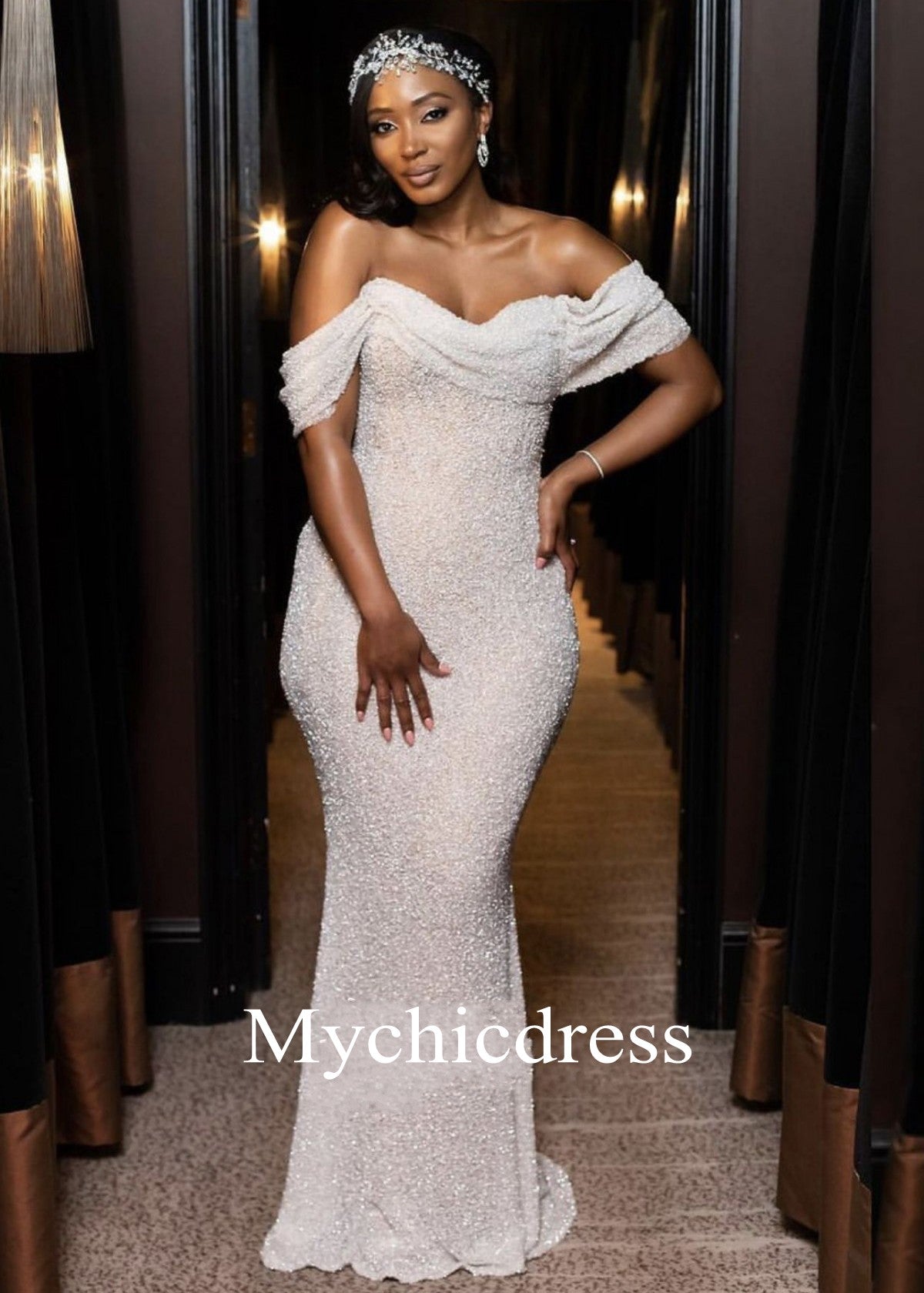 Hot Sexy Glitter Sequin Off the Shoulder Mermaid Bridal Wedding Dresses MyChicDress