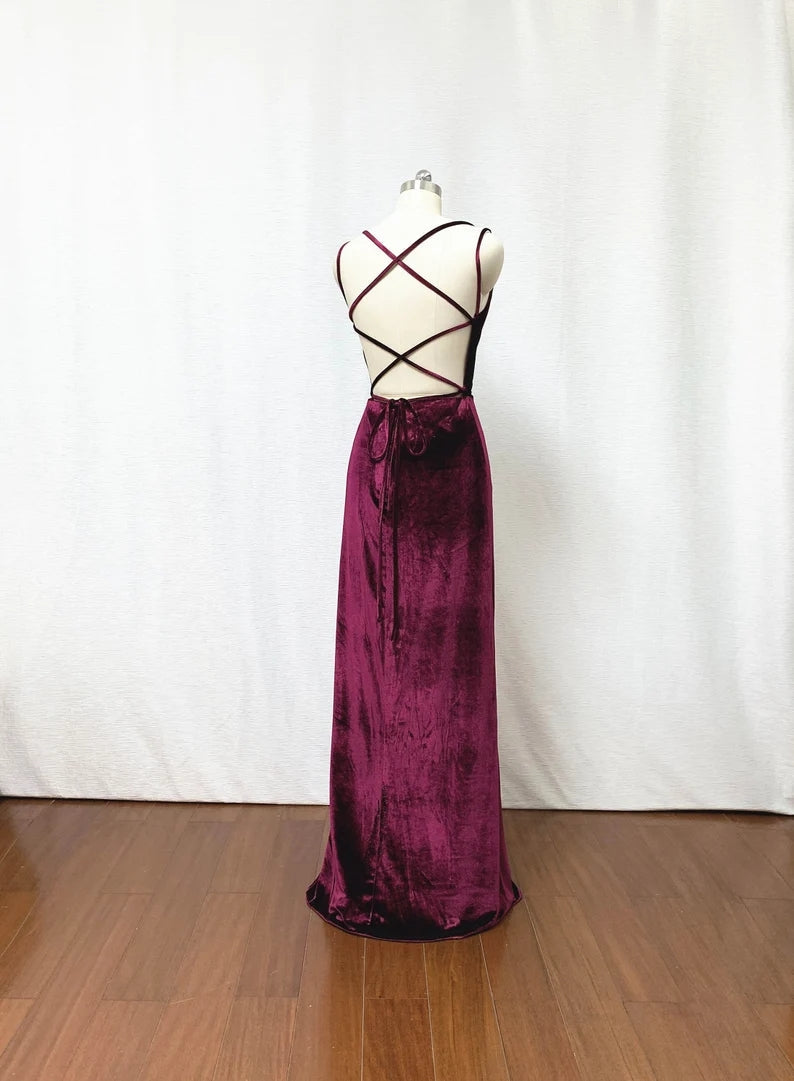 Hot Sheath Velvet Prom Dresses Burgundy Wedding Guest Dress with Split MyChicDress