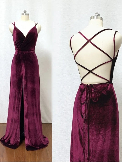 Hot Sheath Velvet Prom Dresses Burgundy Wedding Guest Dress with Split MyChicDress