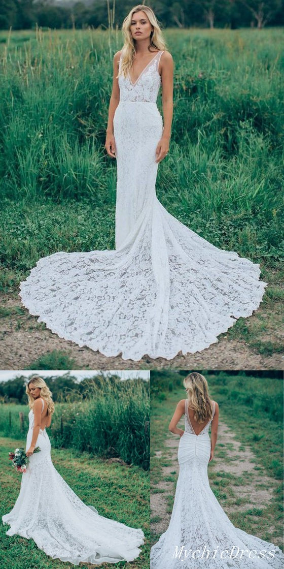 Hot Simple Lace Boho Beach Wedding Dresses V Neck Long Bridal Gown MyChicDress