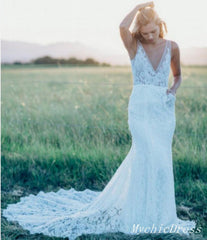 Hot Simple Lace Boho Beach Wedding Dresses V Neck Long Bridal Gown MyChicDress