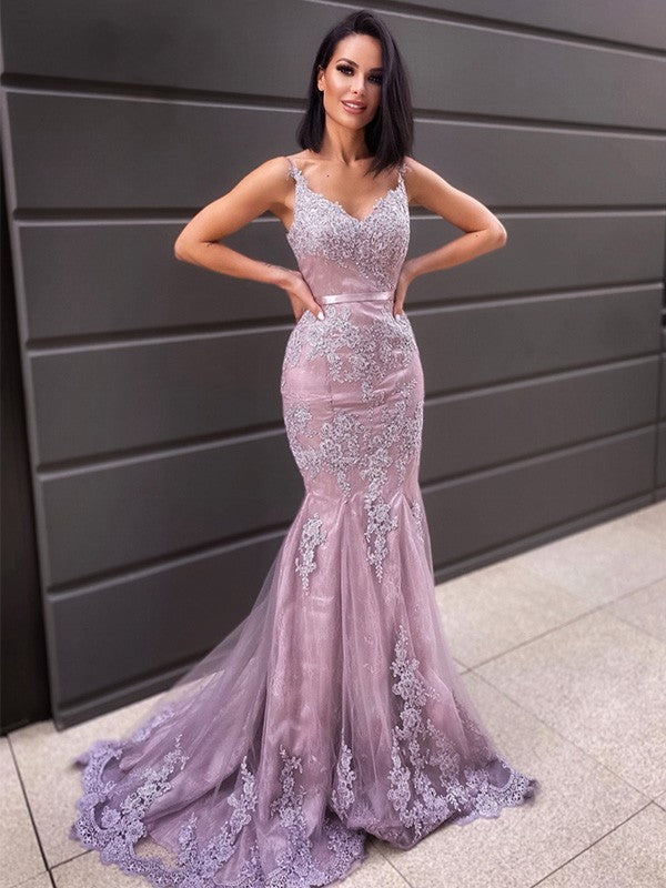 Hot V Neck Sleeveless Long Mermaid Lace Prom Dresses MyChicDress