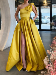 Hot Yellow One Shoulder Prom Dresses Satin Long Evening Dress with Split MyChicDress