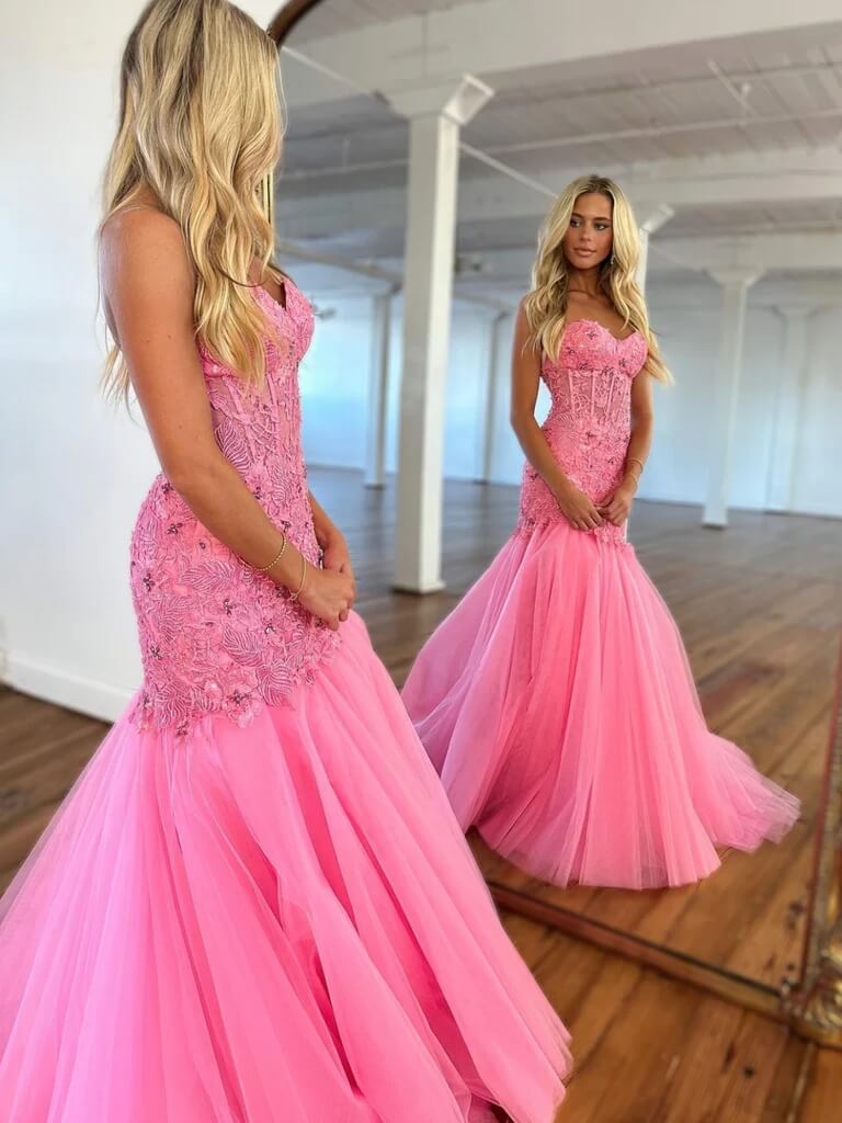 Cheap 2024 Hot Pink Lace Prom Dresses Strapless Sleeveless Formal Dres