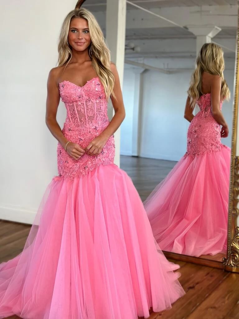 Hot Floral Long Corset 2024 Prom Dresses Mermaid Pink Lace Formal Dres