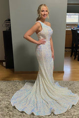 Iridescent Sequin One Shoulder Formal Dress Long Mermaid Evening Dress with Split MyChicDress