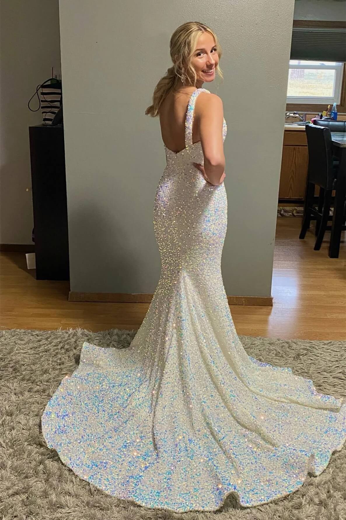 Iridescent Sequin One Shoulder Formal Dress Long Mermaid Evening Dress with Split MyChicDress