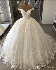 Ivory Tulle Lace Ball Gown Wedding Dresses Appliques Off the Shoulder MyChicDress