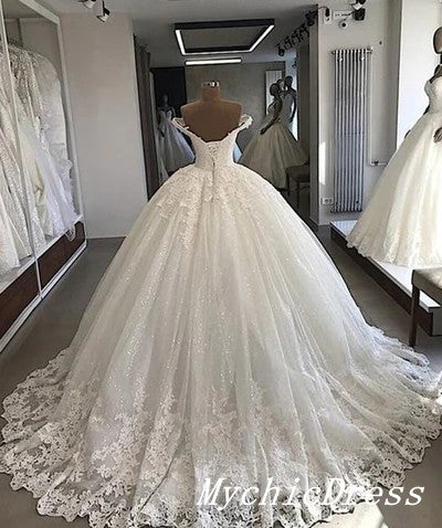 Ivory Tulle Lace Ball Gown Wedding Dresses Appliques Off the Shoulder MyChicDress