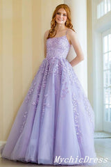 Lace 2024 Violet Purple Prom Dresses Spaghetti Straps Long Party Dresses MyChicDress