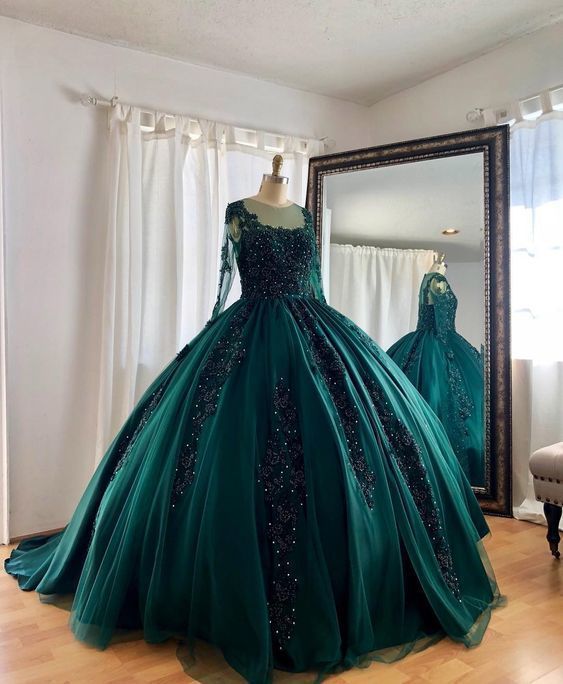 Lace Beaded Green Ball Gown Quinceanera Dress Long Sleeves Graduation Dresses MyChicDress