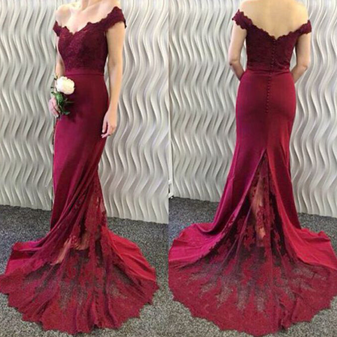 Lace Burgundy Bridesmaid Dress Off-the-Shoulder Mermaid Prom Dresses - MyChicDress