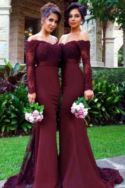 MyChicDress Lace Burgundy Bridesmaid Dress Off The Shoulder Mermaid Prom Dresses US4 Burgundy Long Sleeves