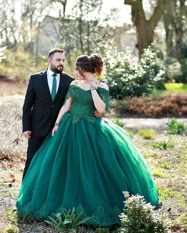 Lace Green Ball Gown Wedding Dresses Off Shoulder Tulle Sweet 16 Dress MyChicDress