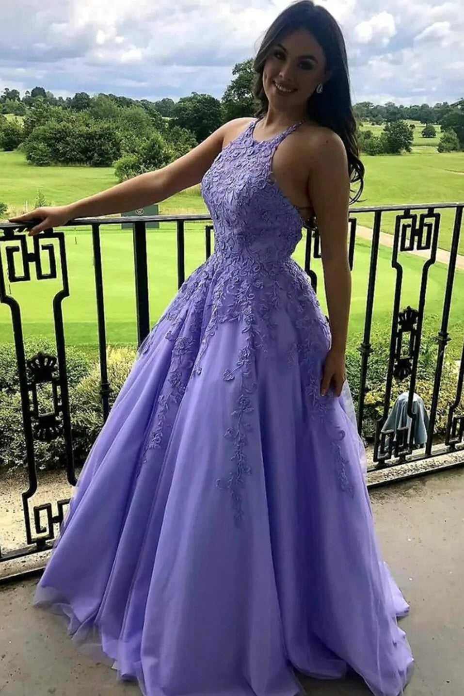 Chic A-line V neck Lilac Prom Dresses Tulle Long Evening Dress