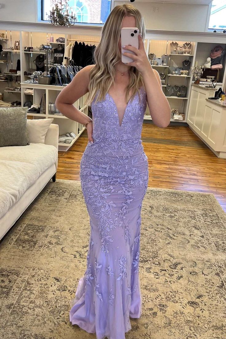 Lavender Mermaid 2024 Prom Dress Long Appliques Plunge V Formal Dresses Backless MyChicDress