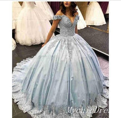 Light Blue Sweet 15 Dresses Ball Gown Lace Appliques off Shoulder Quinceanera Dress MyChicDress