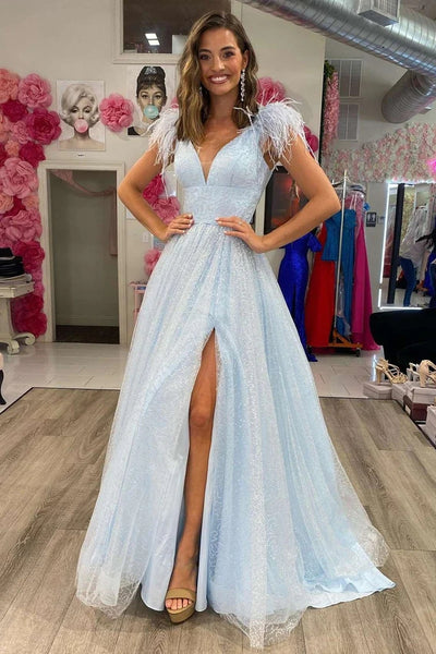 Light Blue Prom Dress 2024 Illusion Neck Beaded with Long Sleeves –  AnnaCustomDress