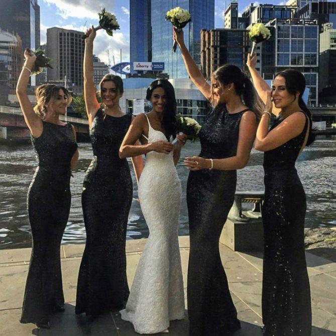 Long Black Sequin Bridesmaid Dresses Mermaid Sleeveless MyChicDress